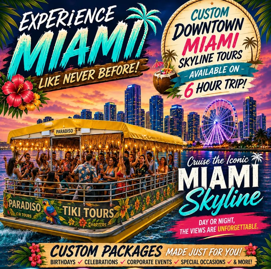 Experience Miami downtown skyline tour on the Tiki Paradiso