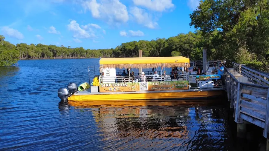 Sunday Funday tiki cruise through Oleta River mangroves at sunset