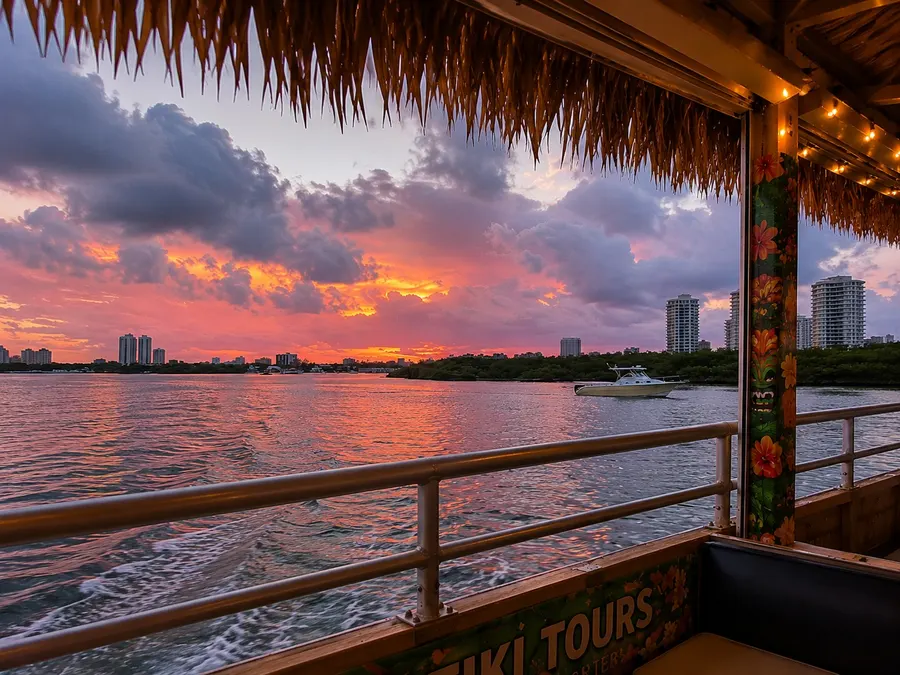 Sunset cruise on the Tiki Paradiso — golden sky over the Haulover waterways